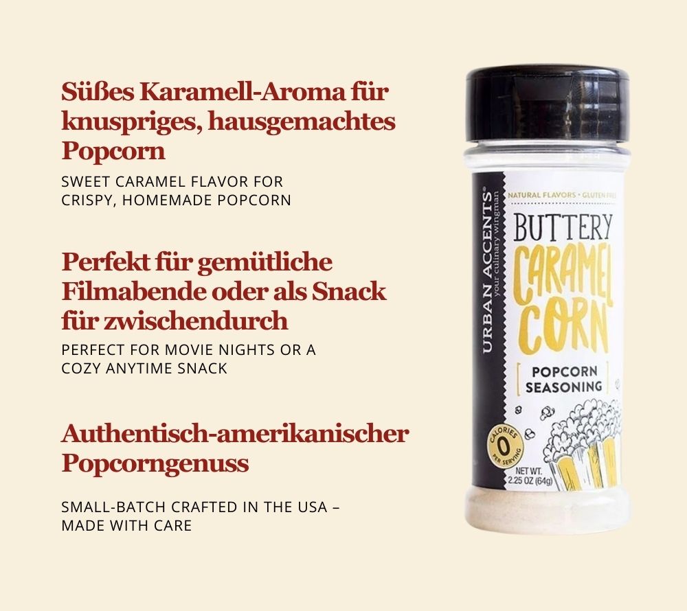 Popcorngewürz Buttery Caramel Corn von Urban Accents kaufen | süßer Geschmack von knackigen Karamell | Perfekt für selbstgemachtes Popcorn | Europaweite Lieferung