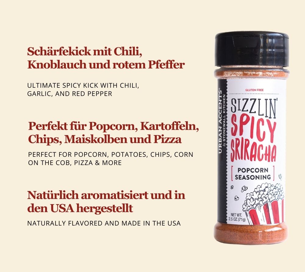 Popcorngewürz Sizzlin' Spicy Sriracha von Urban Accents kaufen | Mix aus Chili, Knoblauch und Pfeffer | Perfekt für selbstgemachtes Popcorn | Europaweite Lieferung