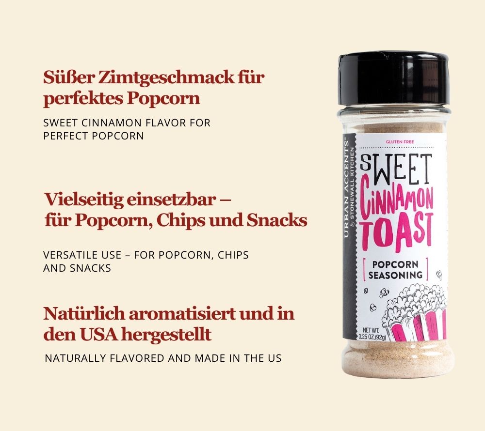 Popcorngewürz Sweet Cinnamon Toast von Urban Accents kaufen | Geschmack von würzigem Frühstückstoast | Perfekt für Popcorn, Chips, Maiskolben | Europaweite Lieferung