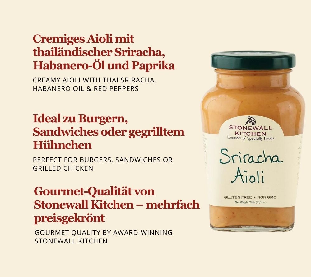 Sriracha Aioli von Stonewall Kitchen kaufen | cremig-scharfer Geschmack nach Chilis und Knoblauch | Perfekt für Burger und Sandwiches