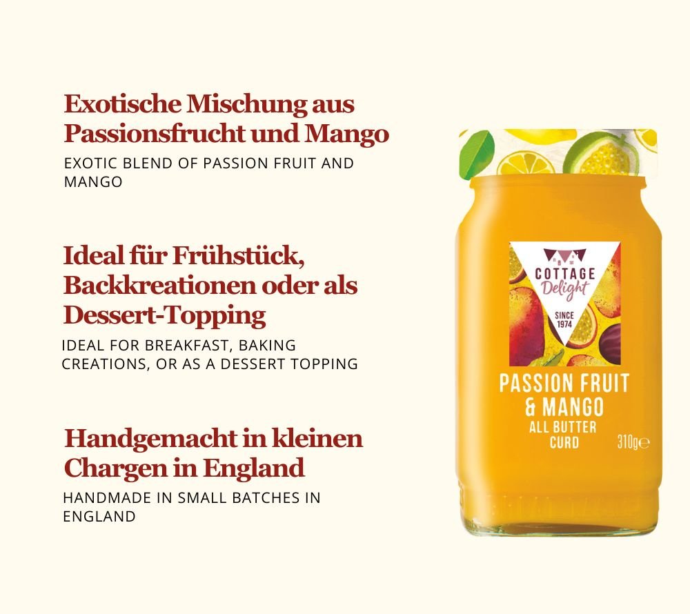 Exotisch-cremiger Fruchtaufstrich mit echter Butter | handgemacht in England | Passionsfrüchte & reife Mangos | Europaweiter Versand | Jetzt probieren!