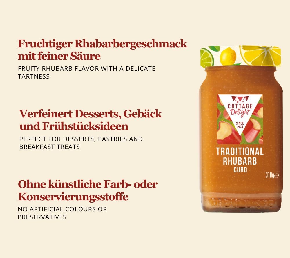 Englische Rhabarbercreme | fruchtig, cremig, handgemacht | kräftig-fruchtigem Rhabarbergeschmack | verfeinert mit echter Butter | Jetzt probieren!