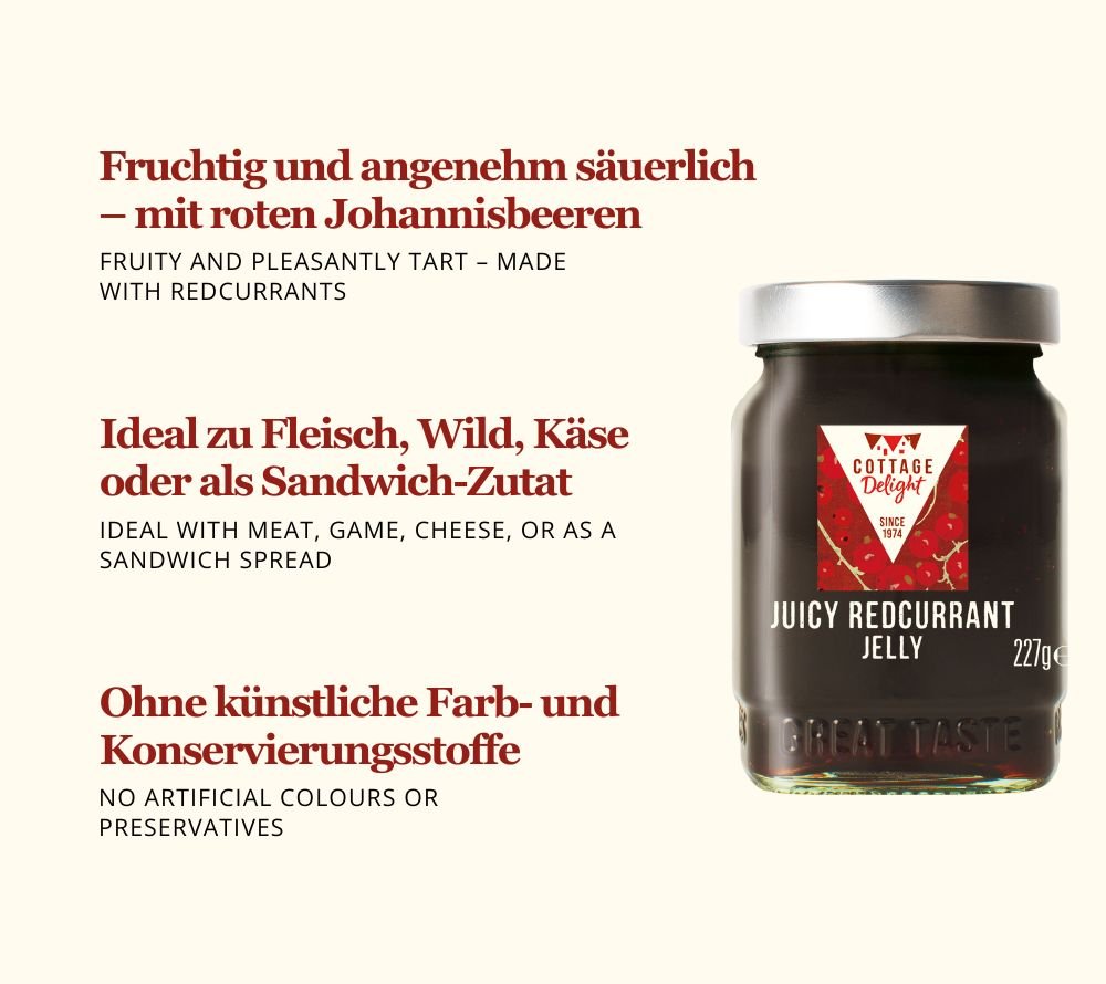 Rubinrotes Gelee mit feiner Säure | klassisch britisch, handgemacht | fruchtig-säuerlicher Geschmack roter Johannisbeeren | samtige Konsistenz | Jetzt probieren!