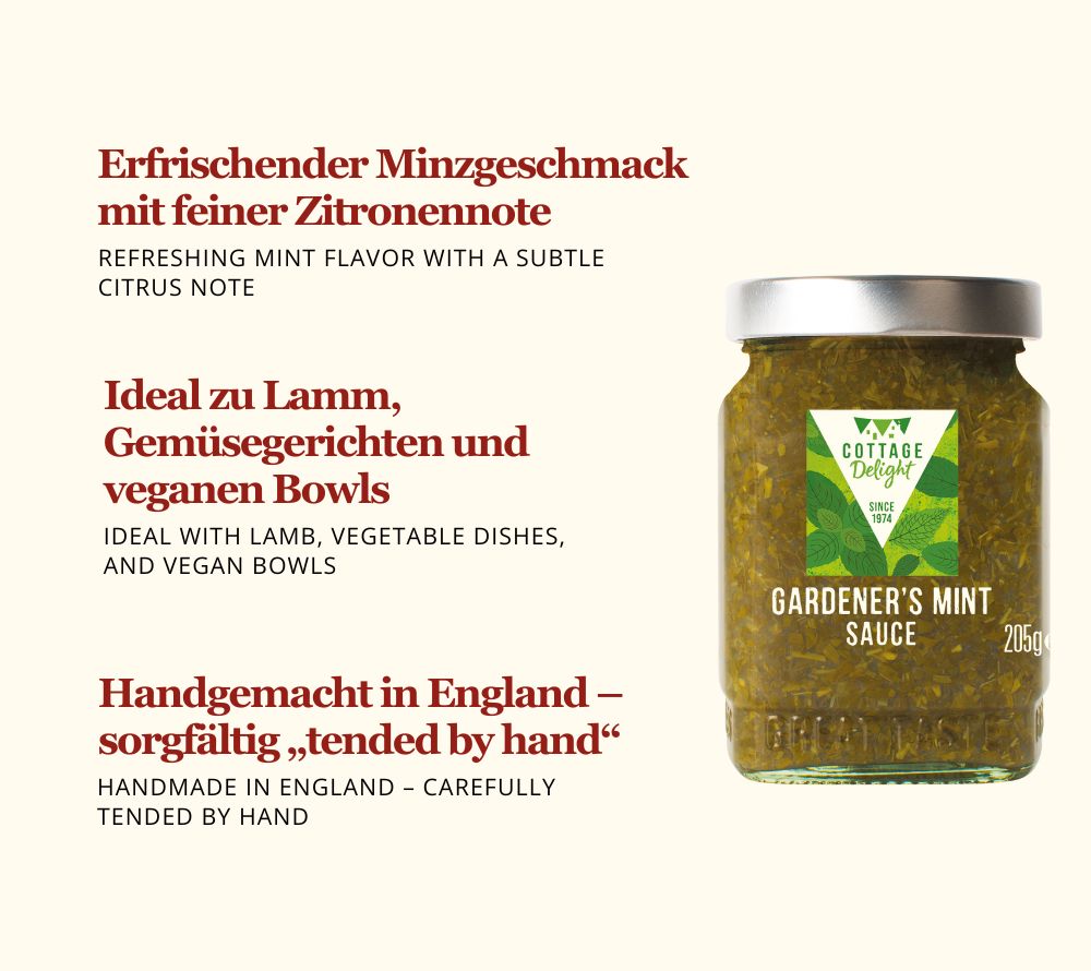 Klassische Minzsauce für Feinschmecker | Erfrischend, zitronig, britisch | frische Minze & einen Hauch Zitrone | Europaweiter Versand | Jetzt bestellen!