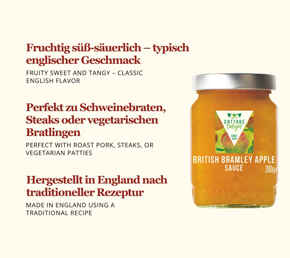 Klassische Apfelsauce aus England | Fruchtig-süß mit zarter Säure | mit echten Bramley Äpfeln | mit einer angenehm stückigen Konsistenz | Jetzt probieren!