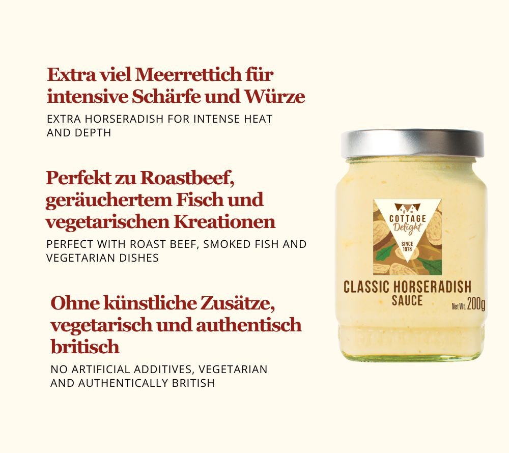 Klassische Meerrettichsauce | cremig, scharf, handgemacht | frisch geriebener Meerrettich | luxuriös cremigen Textur | in England hergestellt | Jetzt probieren!