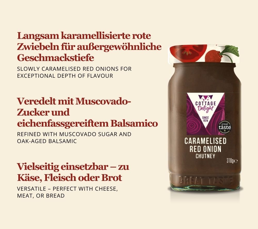Rote Zwiebeln, Muscovado-Zucker & Eichen-Balsamico | Perfekt zu Steak-Baguette oder herzhaften Tartes | Als aromatische Komponente in dunklen Saucen | Jetzt kaufen!