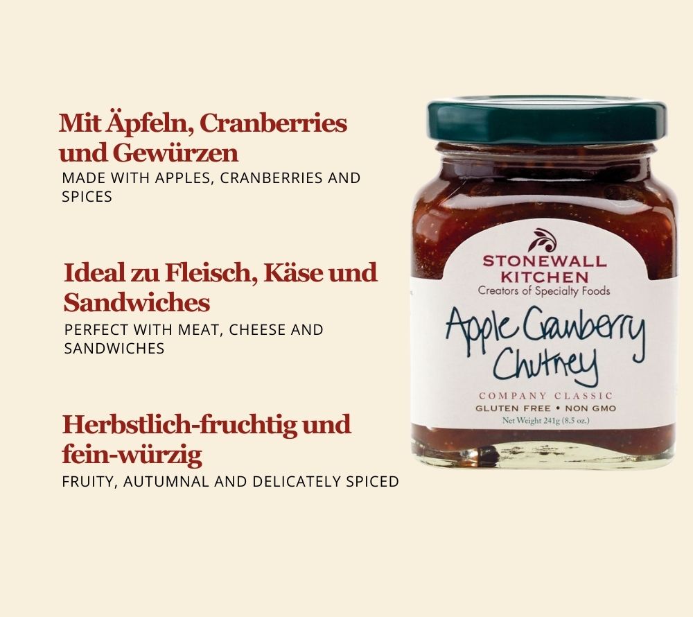 Apple Cranberry Chutney von Stonewall Kitchen kaufen | fruchtig-süßer Geschmack reifer Äpfel | Harmoniert mit Fleisch, Käse und Sandwiches