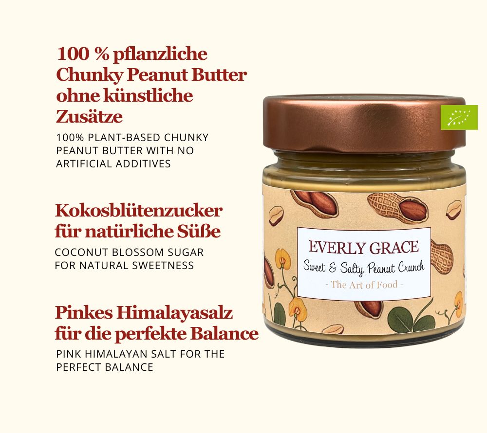 Knackige Erdnussstücke, Peanut Butter, Kokosblütenzucker & pinkem Himalayasalz | 100 % pflanzlich, ohne Palmöl & ohne Zusätze | Europaweiter Versand | Jetzt bestellen!