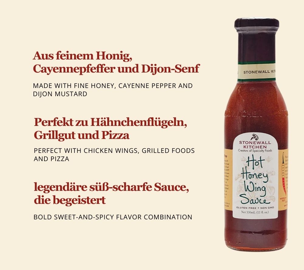 Hot Honey Wing Sauce von Stonewall Kitchen kaufen | feurig-süß aus Honig und Cayennepfeffer | Ideal zu Chicken Wings und als Dip