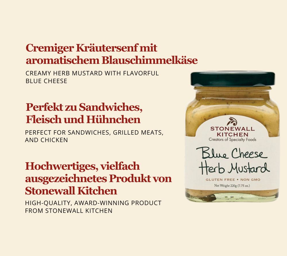 Blue Cheese Herb Mustard von Stonewall Kitchen kaufen | kraftvoller Kräutersenf mit Blauschimmelkäse | Ideal für Sandwiches und als Dip