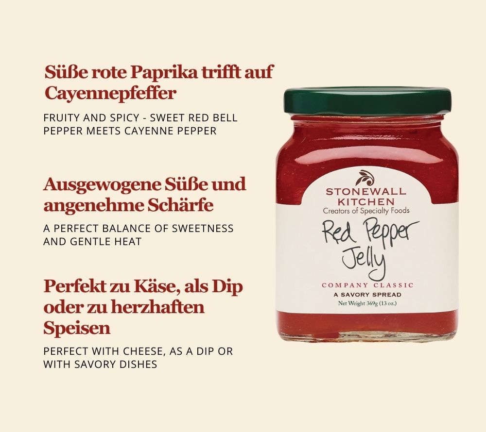 Red Pepper Jelly von Stonewall Kitchen kaufen | fruchtig aus roter Paprika, Rohrzucker und Cayennepfeffer | Ideal zu Käse und Frischkäse