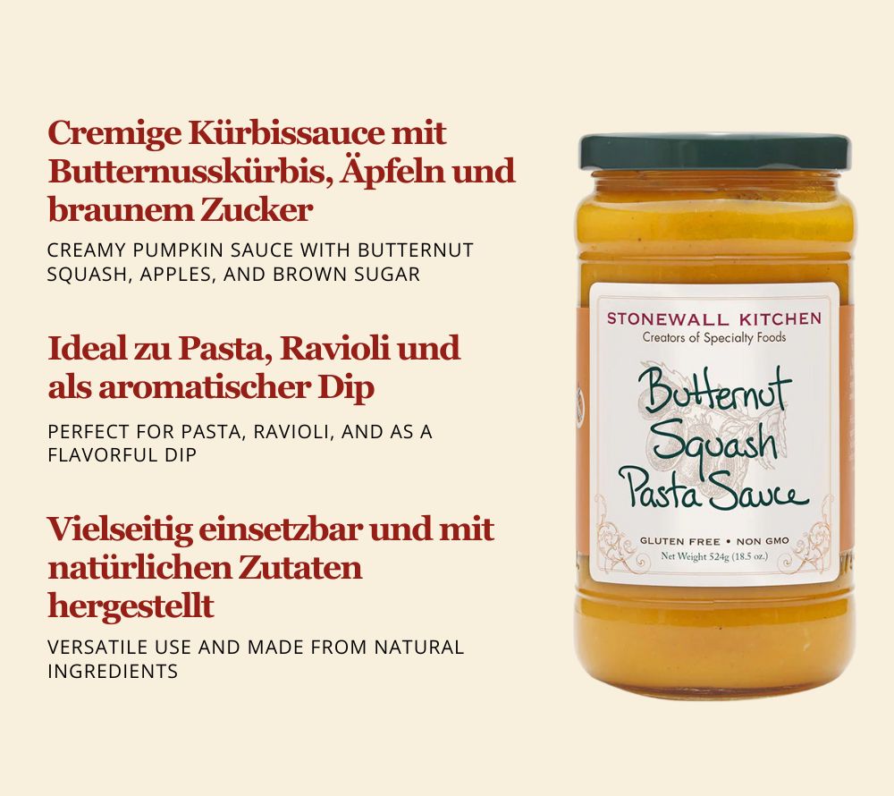 Butternut Squash Pasta Sauce von Stonewall Kitchen kaufen | herzhaft, cremige Sauce mit Kürbis, süßen Äpfeln | Ideal zu Pasta, Ravioli, als Dip
