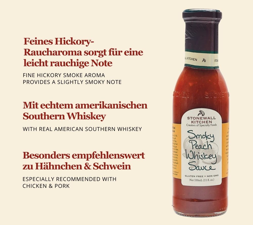 Smoky Peach Whiskey Sauce von Stonewall Kitchen kaufen | Pfirsich-fruchtig, süßlich und leicht pikant mit Whiskey | Ideal zu Hähnchen & Schwein