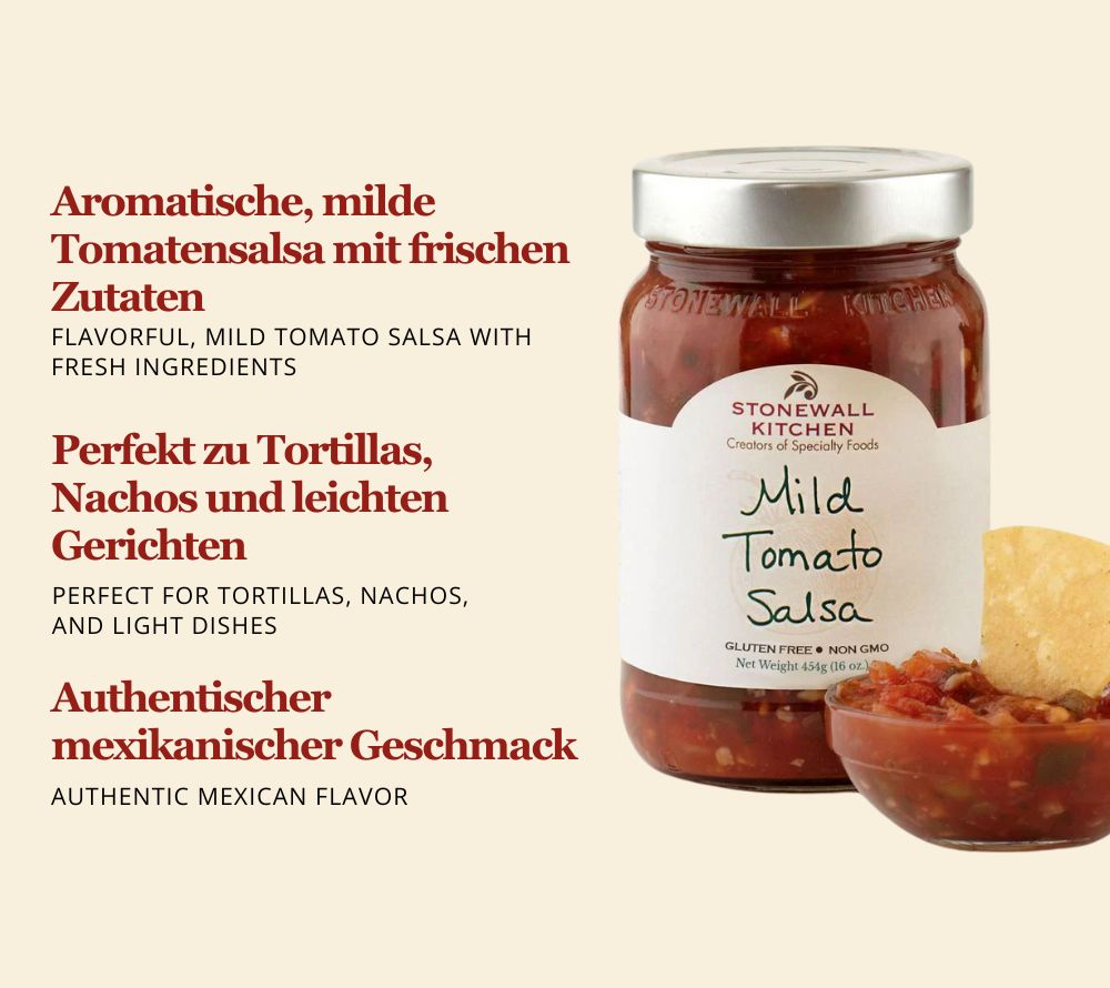Mild Tomato Salsa von Stonewall Kitchen kaufen | fruchtig, leicht scharf mit Zwiebel, Paprika, Jalapeno | Perfekt zu Nachos und Tacos