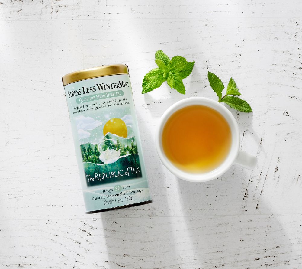 Stress Less WinterMint Tea von Republic of Tea bestellen | 36 Beutel in edler Metalldose | mit Ashwaghanda und Zitronenmelisse | Ohne Koffein und Zusätze | EU-weiter Versand