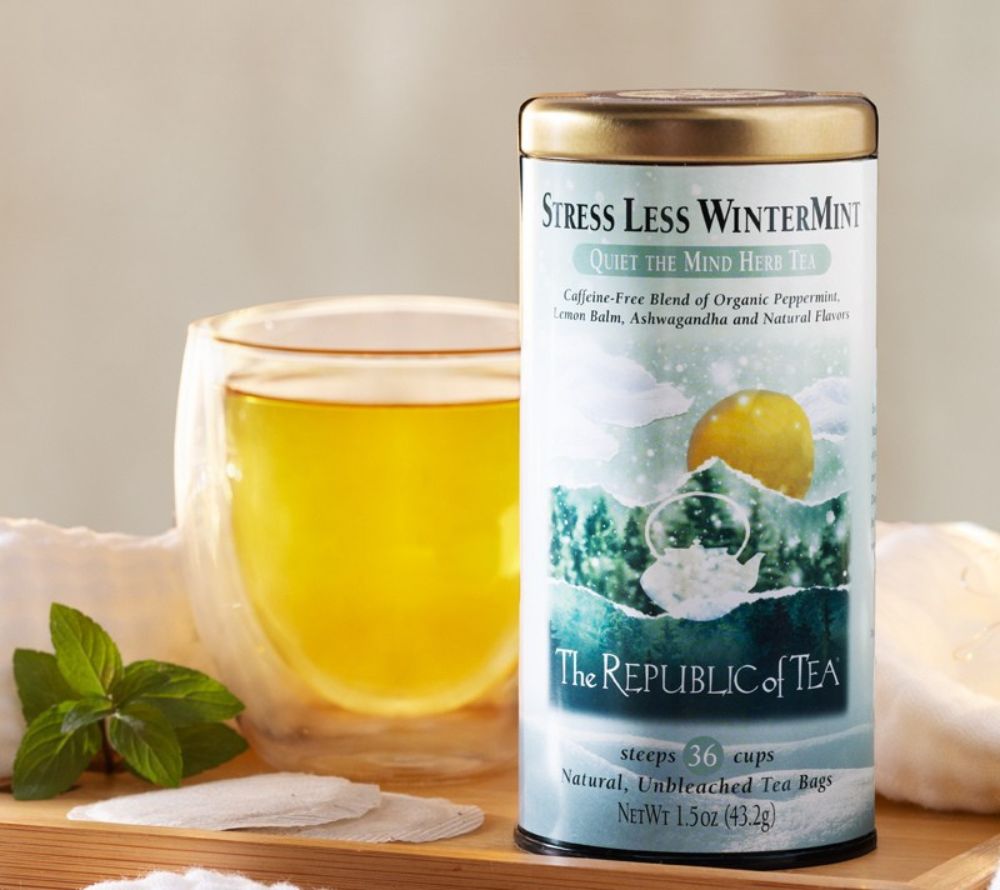 Stress Less WinterMint Tea von Republic of Tea bestellen | 36 Beutel in edler Metalldose | mit Ashwaghanda und Zitronenmelisse | Ohne Koffein und Zusätze | EU-weiter Versand