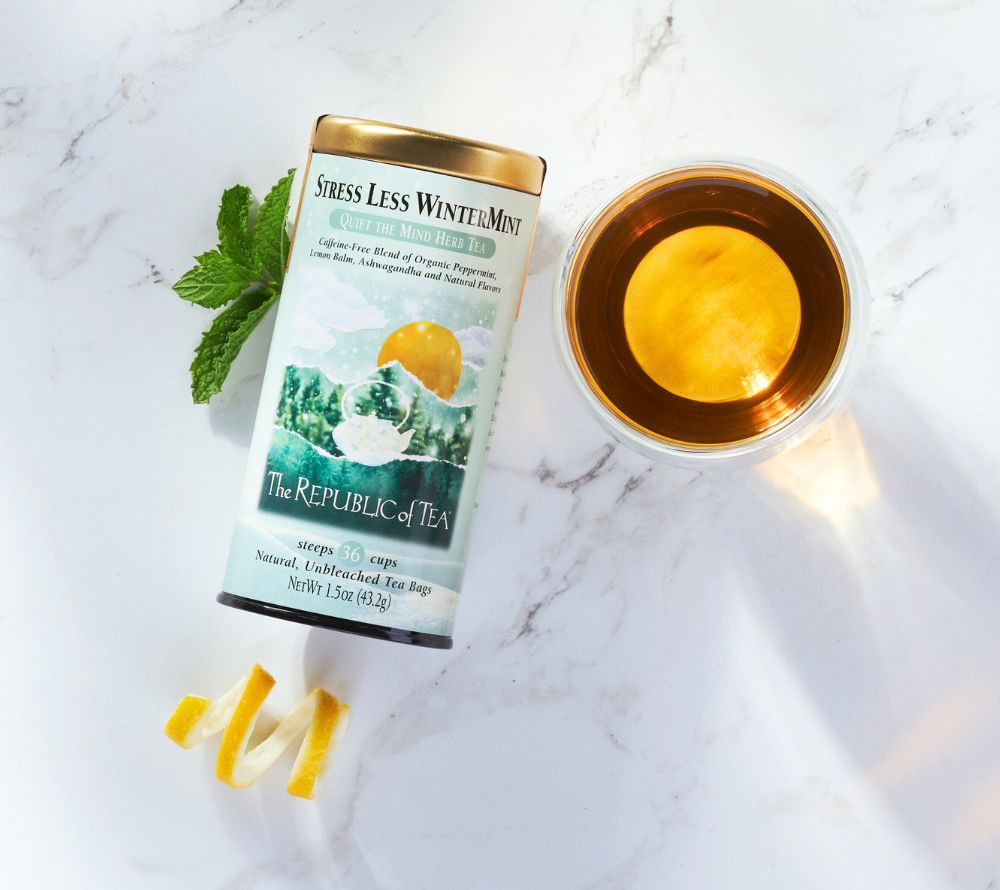 Stress Less WinterMint Tea von Republic of Tea bestellen | 36 Beutel in edler Metalldose | mit Ashwaghanda und Zitronenmelisse | Ohne Koffein und Zusätze | EU-weiter Versand