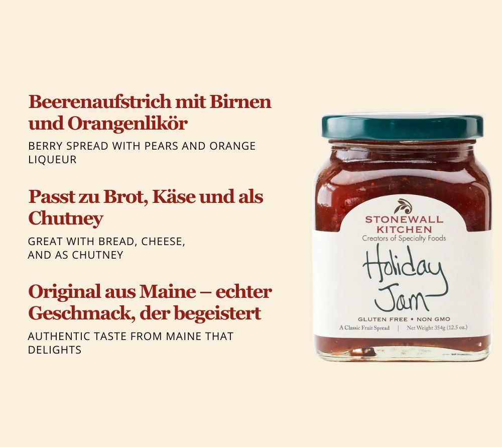Holiday Jam von Stonewall Kitchen kaufen | Birne, Cranberry und Himbeere als köstlicher Aufstrich | Ideal zu Crossaints oder frischem Brot
