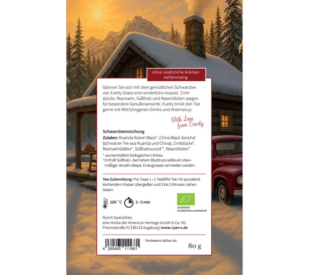 Everly Grace Cozy Winter Moments Tea – Bio-Schwarztee mit Zimt, Rosmarin, Süßholz & Rosenblüten. Jetzt online kaufen & winterliche Genussmomente erleben.