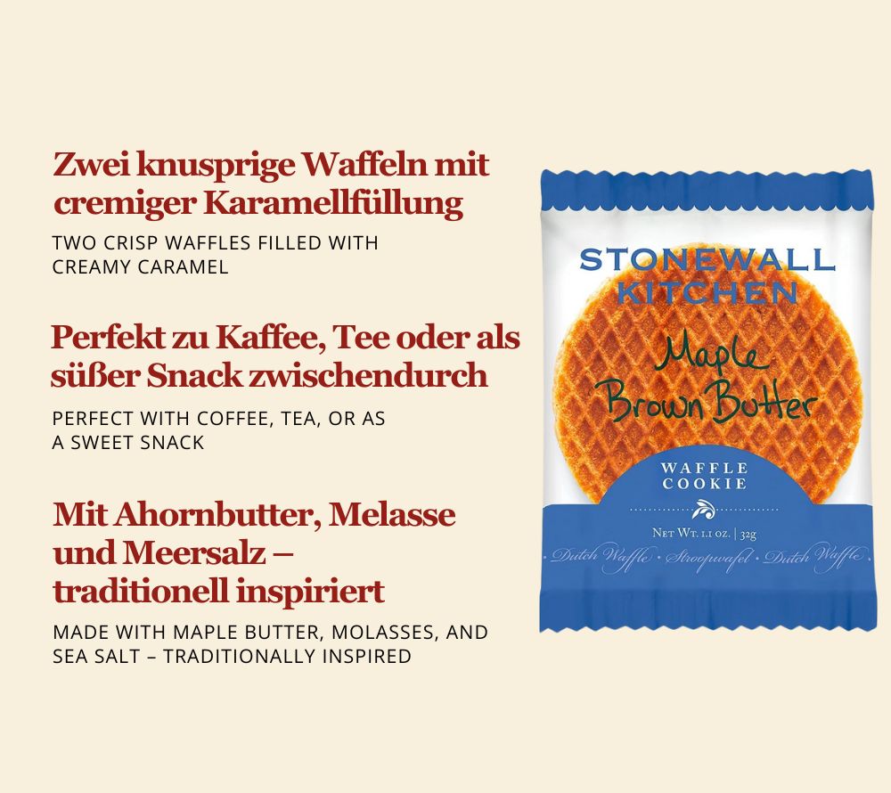 Maple Brown Butter Waffle Cookie von Stonewall Kitchen kaufen | Ahorn-Melasse-Creme zwischen zwei Waffeln | Ideal zu Kaffee, Tee oder Kakao