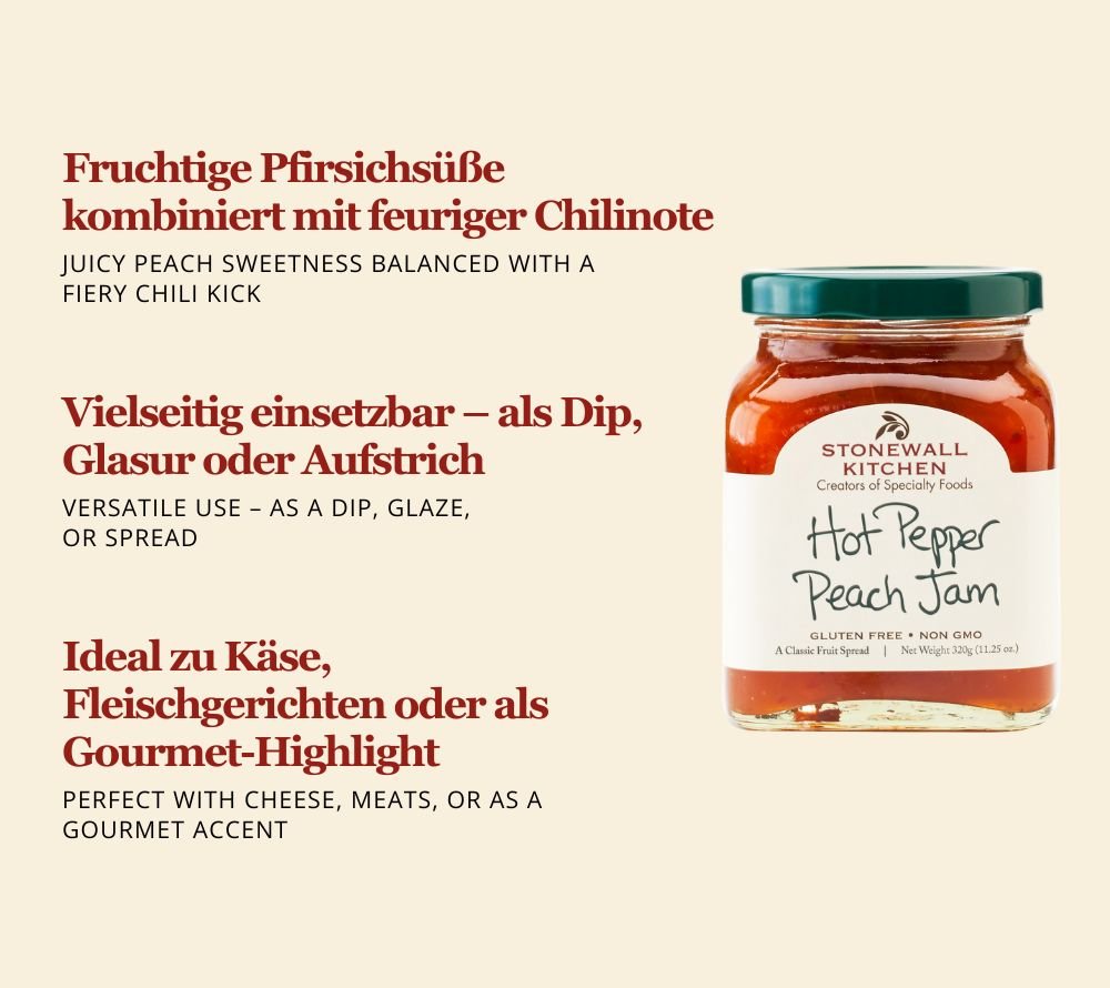Stonewall Kitchen Hot Pepper Peach Jam online bestellen bei Ryan’s Specialties: fruchtig-süße Pfirsiche & feurige Paprika – Gourmetgenuss mit Schärfe.