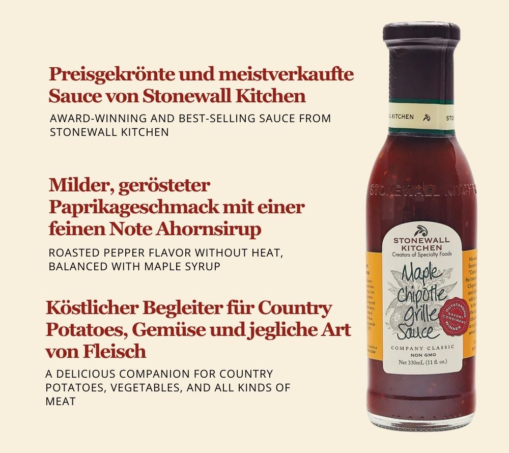 Maple Chipotle Grille Sauce von Stonewall Kitchen kaufen | Bestseller | Mild-würzige Sauce mit Ahornsirup und Peperoni | Perfekt zu Gegrilltem