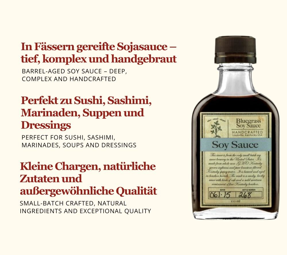 Bluegrass Soy Sauce – Fassgereifte Sojasauce von Bourbon Barrel Foods | Mit einzigartigem Geschmacksprofil | Perfekt zu Sushi & Sashimi | Jetzt probieren!
