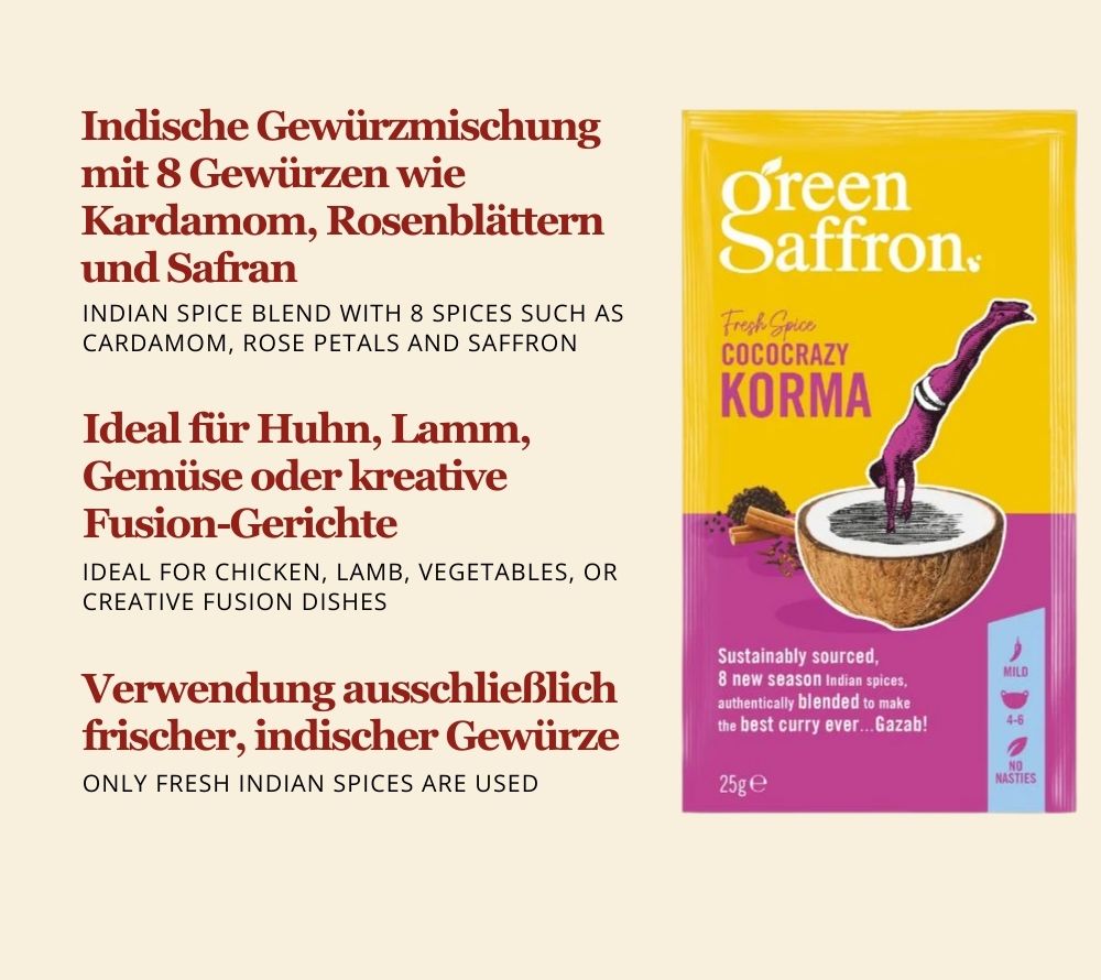Green Saffron Korma-Gewürzmischung kaufen | aus 8 aromatischen Gewürzen | aus nachhaltigem Anbau | Europaweiter Versand | Jetzt probieren!
