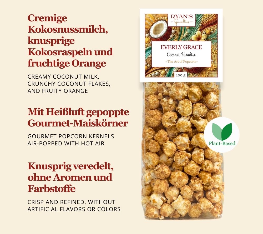 Popcorn Coconut Paradise von Everly Grace kaufen | tropisch-exotisches Popcorn der Extra-Klasse | Holen Sie sich das Urlaubsgefühl nach Hause