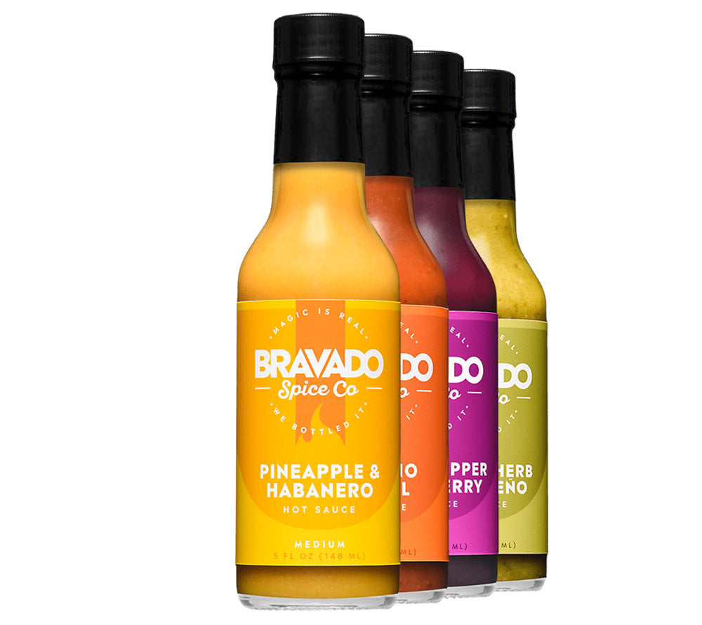 4 Pack Hot Sauce Set von Bravado kaufen | 4 super leckere Hot Sauces von Bravado Spice Co. von mild bis scharf | Ideal als Geschenk