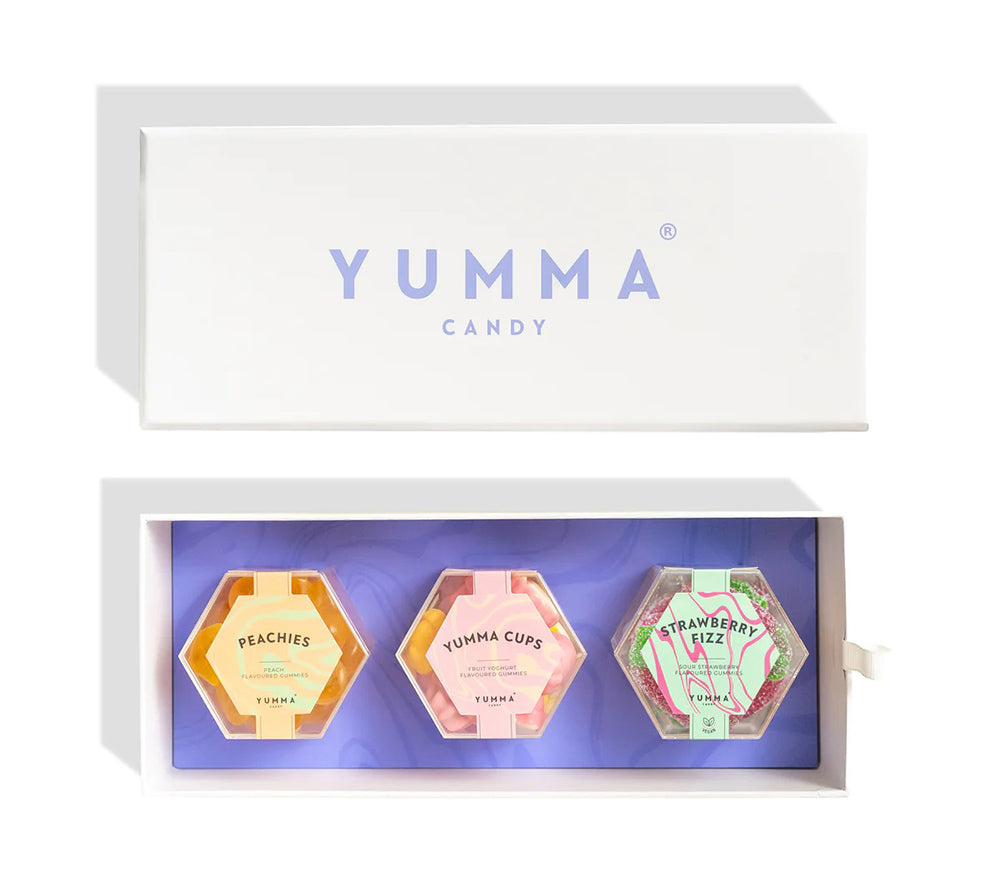Yumma Candy Fruchtbonbon-Geschenkset kaufen | Enthält Strawberry Fizz, Yumma Cups & Peachies | Ideal als Geschenk für Naschkatzen