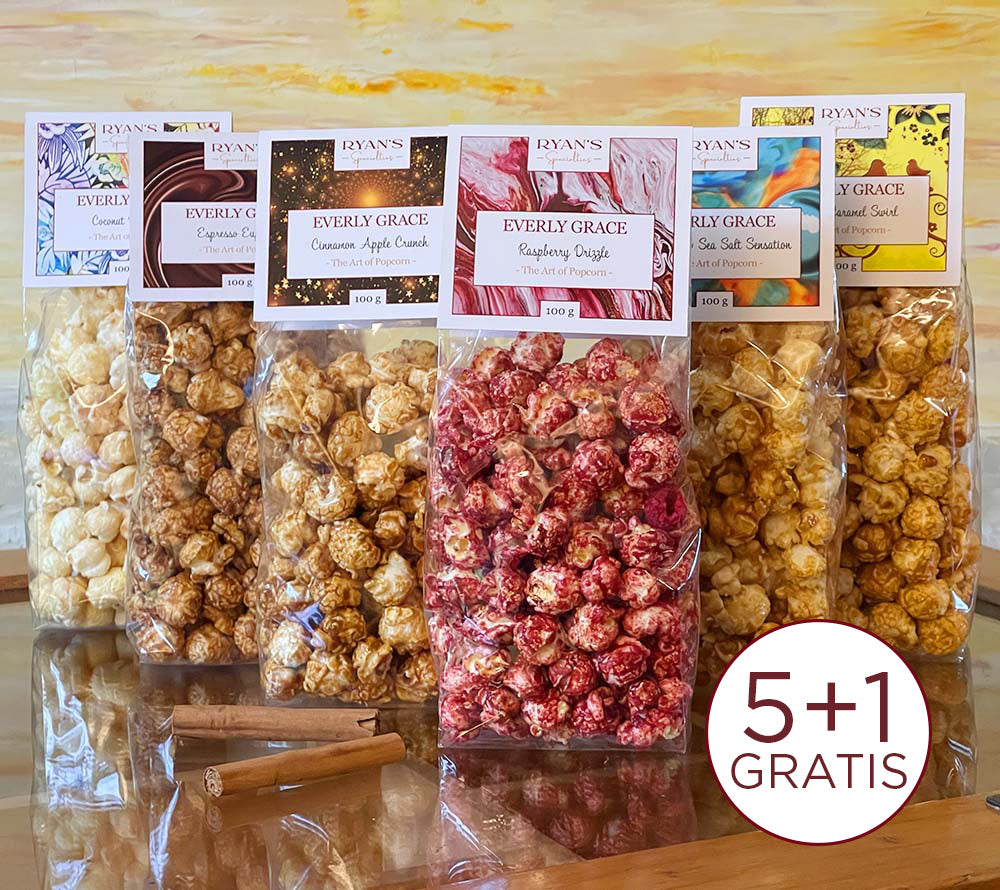 Everly Grace Gourmet-Popcorn kaufen | Handgefertigt in Augsburg | 6 exquisite Sorten | Natürliche Zutaten | Ideal zum Verschenken