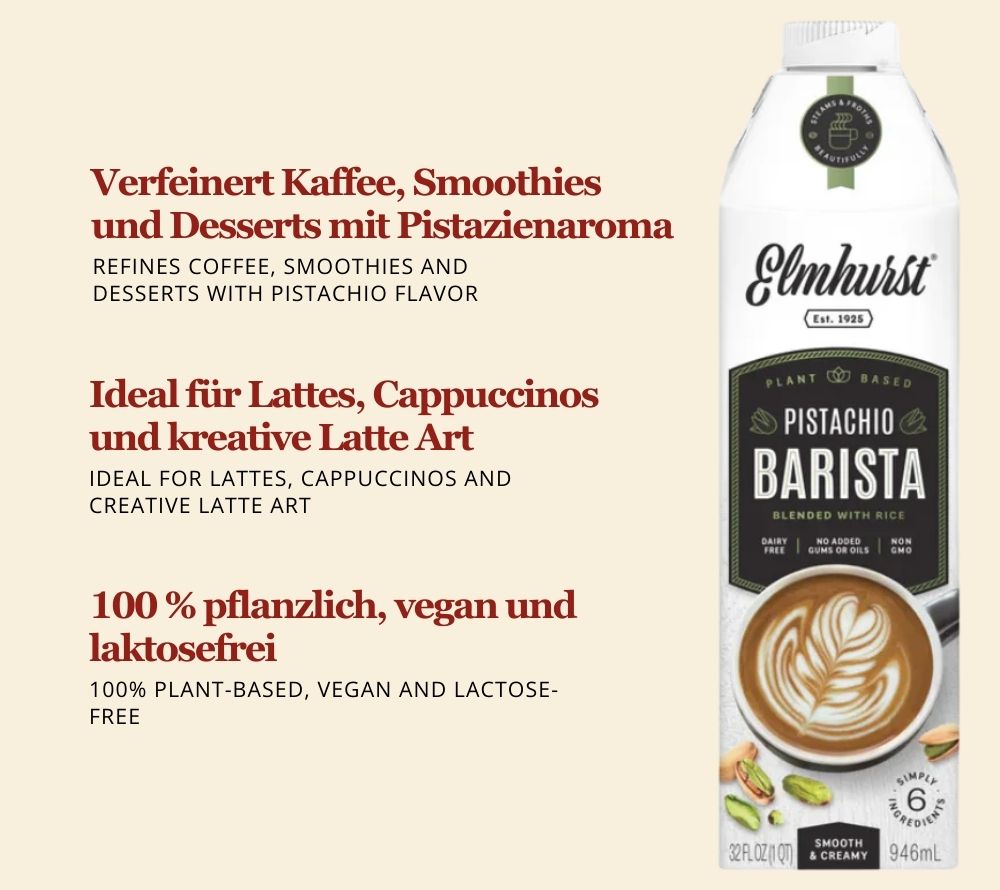 Barista Pistachio von Elmhurst kaufen | pflanzliche Baristamilch | Vegan & Laktosefrei | 3g Protein pro Portion | Europaweiter Versand | Jetzt bestellen!