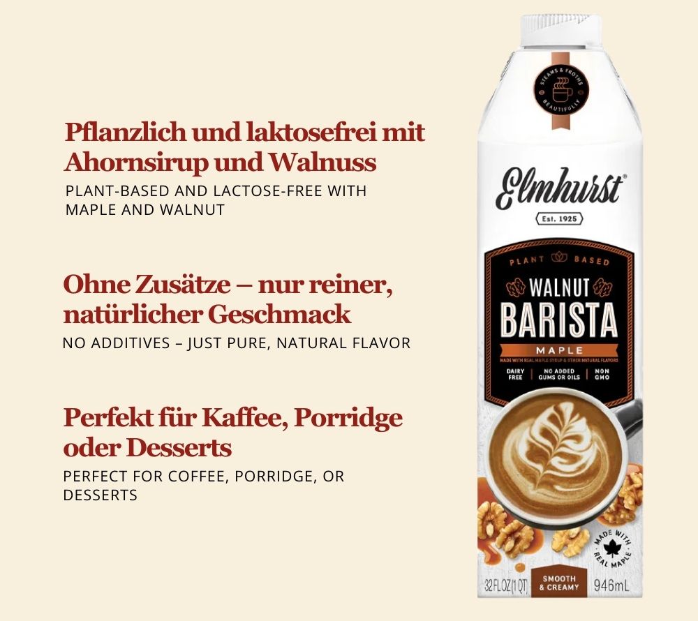 Maple Walnut Barista Edition von Elmhurst | Walnussdrink mit Ahornsirup | pflanzliche Milchalternative | Ohne Zusatzstoffe | Jetzt probieren