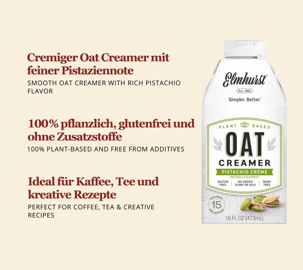 Pistachio Creme Oat Creamer von Elmhurst | Pflanzliche Milchalternative aus Hafer mit Geschmack von Pistazien | 100 % pflanzlich | Jede Tasse wird zum Highlight