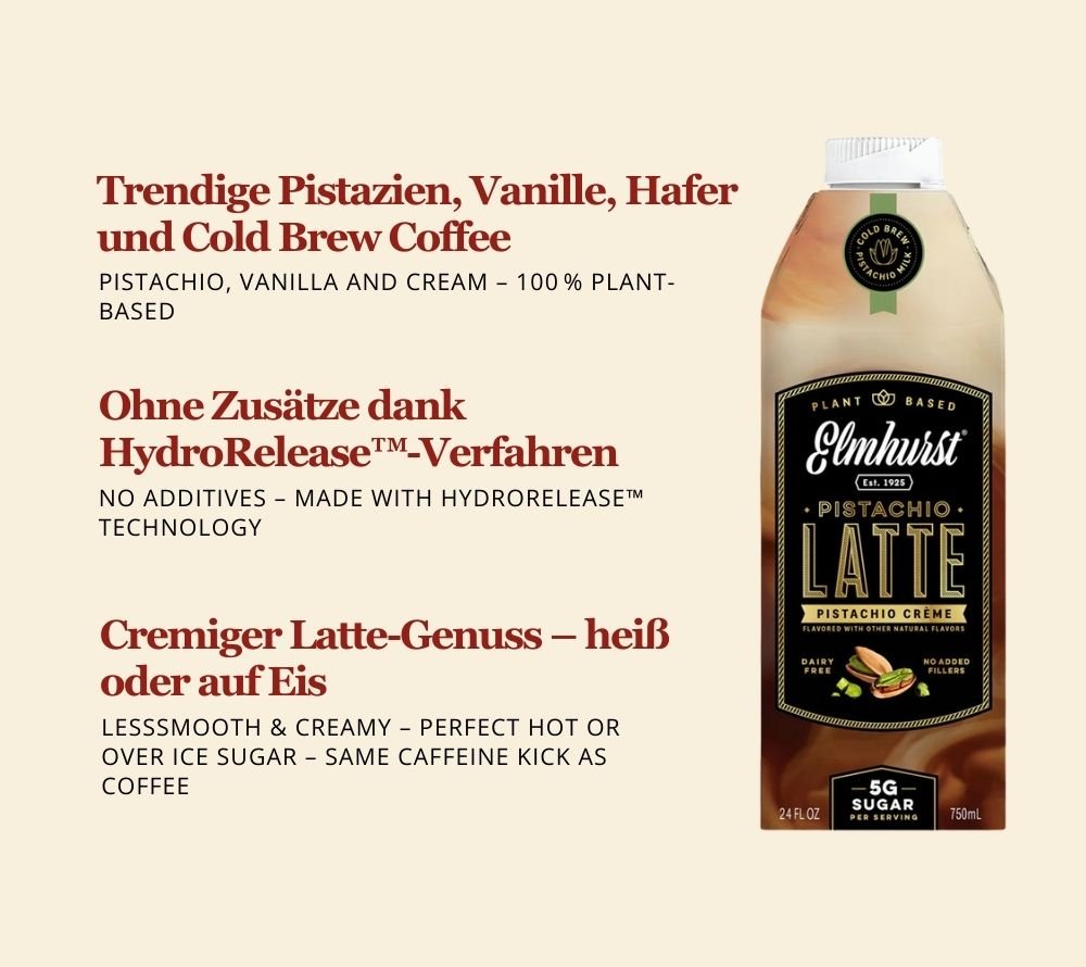 Pistachio Crème Latte von Elmhurst | Feiner Genuss mit Pistazie | heiß oder kalt genießen | koffeinhaltig | 100 % pflanzlich und vegan