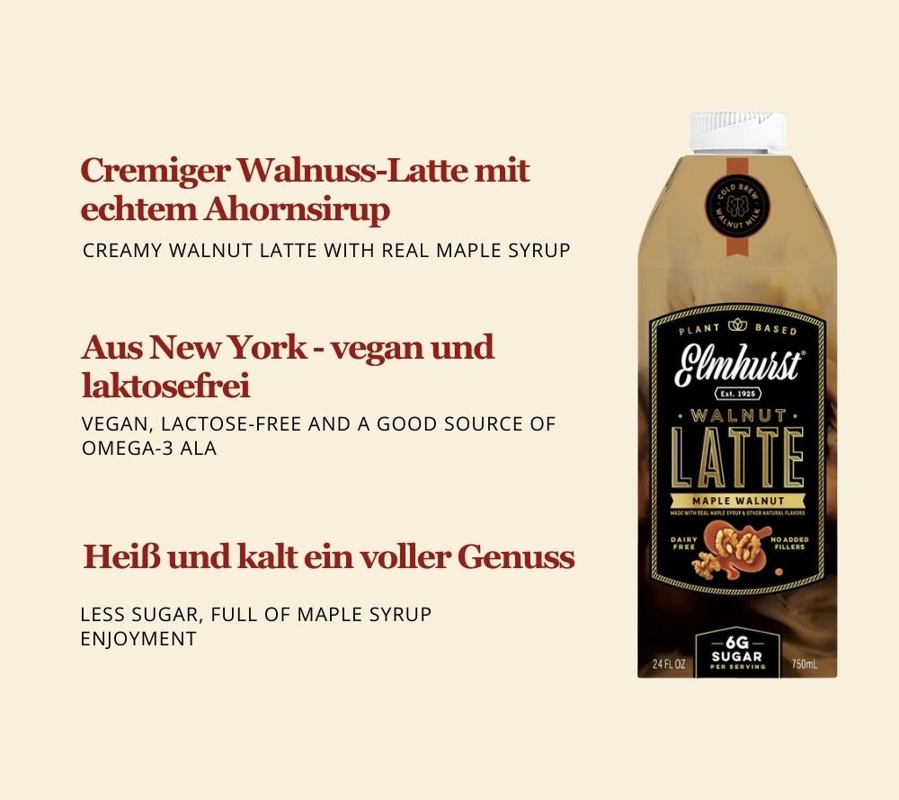 Maple Walnut Latte von Elmhurst | Walnussmilch mit Ahornsirup und Cold Brew | Fein abgestimmten, nussig-süßen Note | heiß aufgeschäumt oder erfrischend kalt