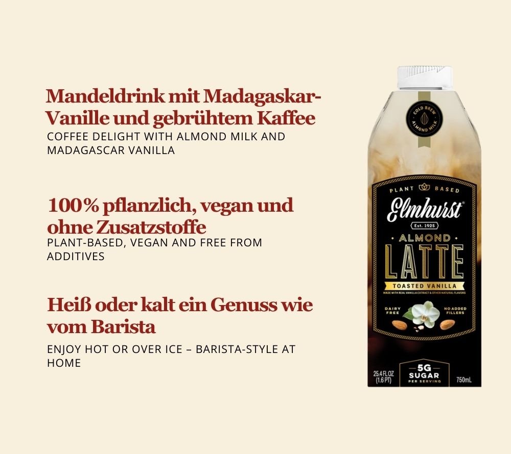 Toasted Vanilla Almond Latte von Elmhurst | Mandelmilch mit Madagaskar-Vanille und Cold Brew | köstliche Kombination | perfekt für ein luxuriöses Kaffeeerlebnis