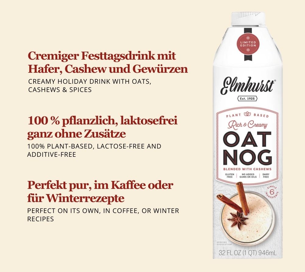OatNog Cashew Milk von Elmhurst – Veganer Eggnog aus Amerika | Pflanzliche Neuinterpretation des klassischen EggNog | Vollmundiger Drink | EU-weiter Versand