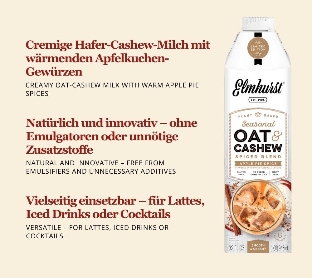 Hafer- und Cashewmilch mit Gewürznoten | Wärmende Zimt-, Muskat- & Apfelnoten | 100 % pflanzlich, vegan & laktosefrei | Europaweiter Versand | Jetzt bestellen!