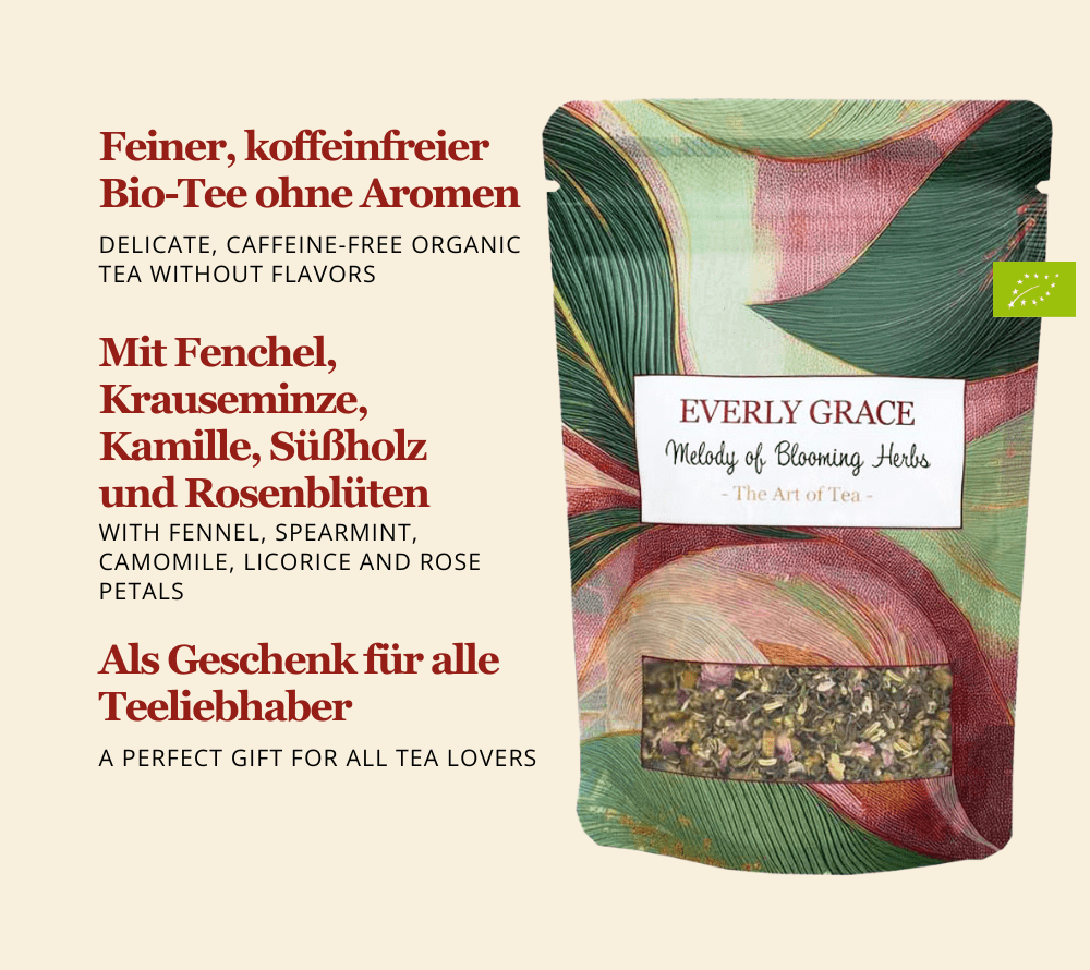 Melody of Blooming Herbs Tee von Everly Grace kaufen | Harmonie in jeder Tasse | Kräuterteemischung | 100% Bio | Fenchel, Krauseminze, Kamillenblüten, Süßholz