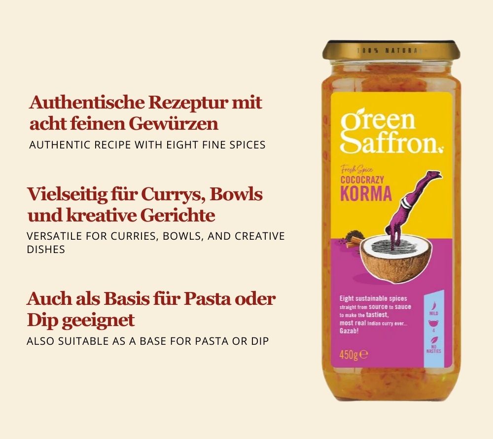 Korma Sauce von Green Saffron kaufen | natürlich, vegan & glutenfrei | echte indische Aromen | mit 8 feinen Gewürzen | EU-weiter Versand | jetzt bestellen!