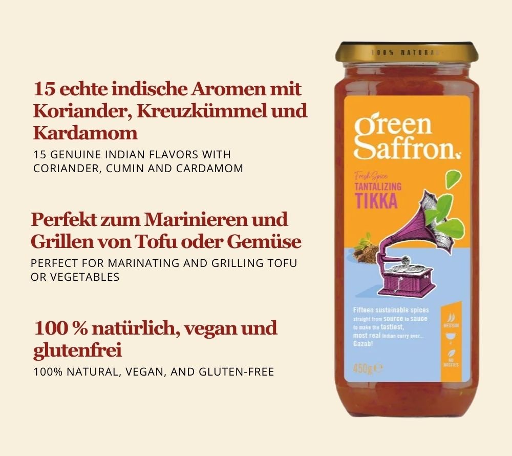 Tikka Sauce von Green Saffron kaufen | natürlich, vegan & glutenfrei | echte indische Aromen | mit 15 feinen Gewürzen | EU-weiter Versand | jetzt bestellen!