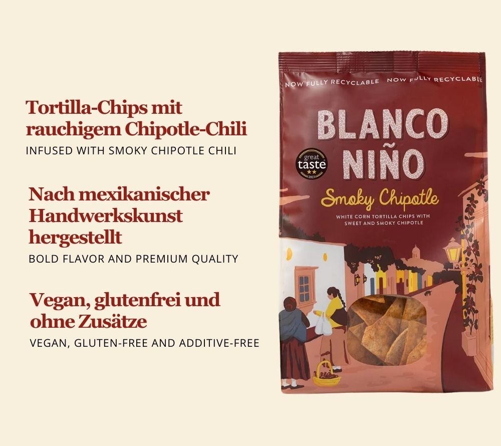 Smoky Chipotle Tortilla Chips von Bianco Niño kaufen | ideale Knusprigkeit | frei von künstlichen Aromen, Farb- und Konservierungsstoffen | glutenfrei & vegan | EU-weiter Versand