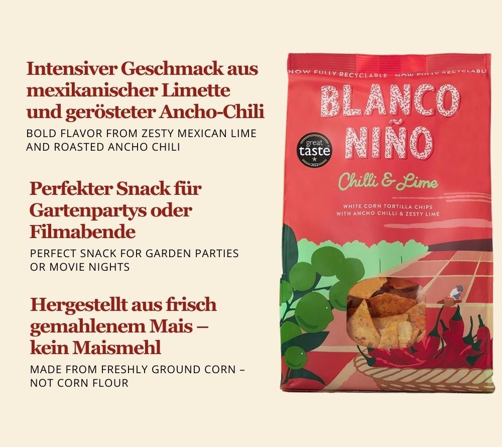 Chilli & Lime Tortilla Chips von Bianco Niño kaufen | glutenfrei & vegan | handgefertigt in Irland | ohne künstliche Aromen, Farb- und Konservierungsstoffe | EU-weiter Versand