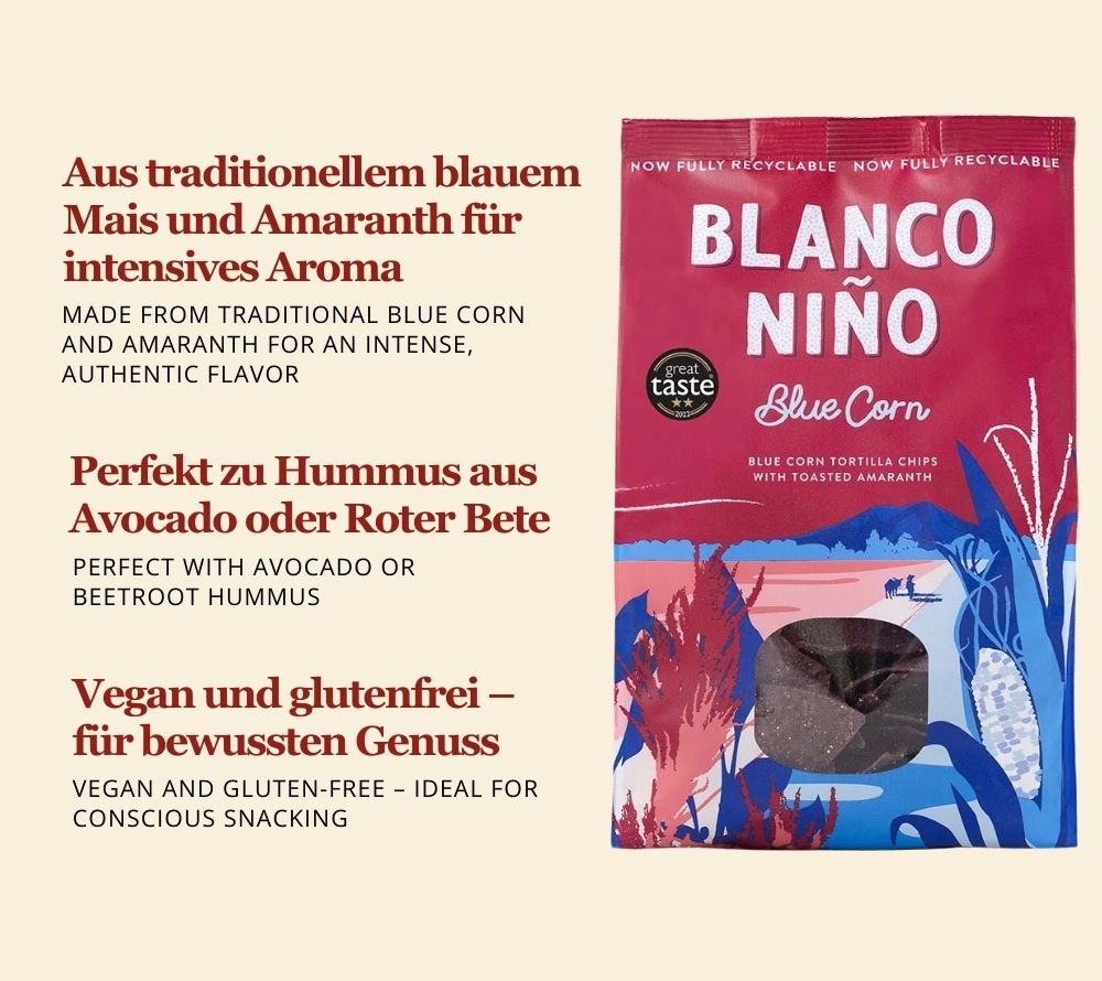Blue Corn Tortilla Chips von Bianco Niño kaufen | glutenfrei & vegan | handgefertigt in Irland | ohne künstliche Aromen, Farb- und Konservierungsstoffe | EU-weiter Versand