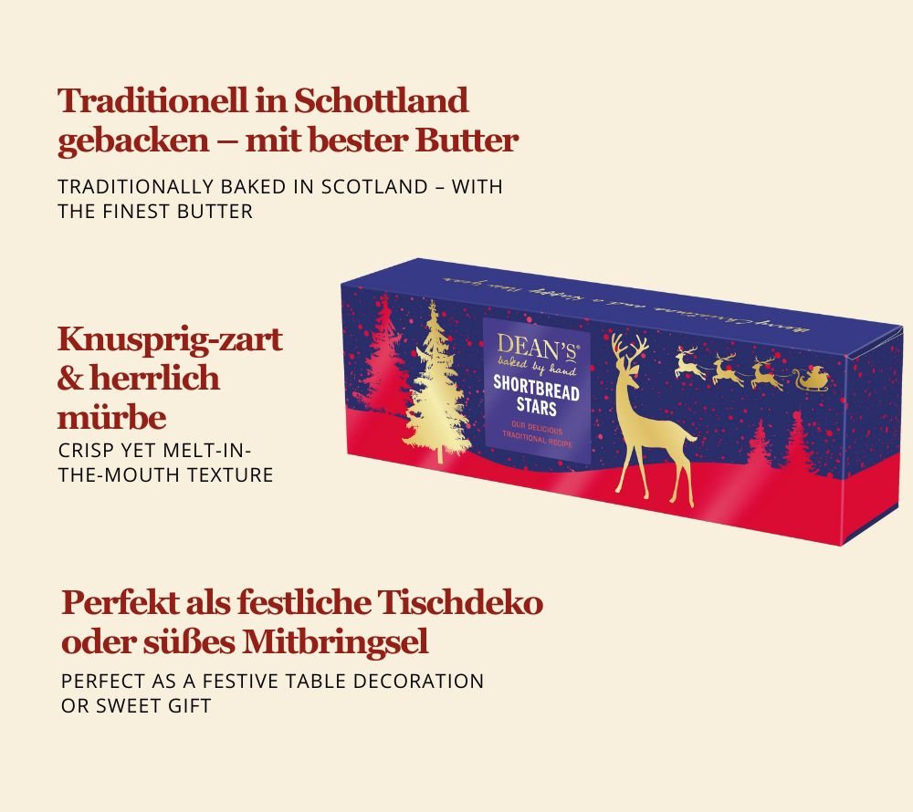 Dean’s Shortbread Stars online kaufen bei Ryan’s Specialties: feinstes Buttergebäck in Sternform, traditionell schottisch gebacken – ideal für Weihnachten.