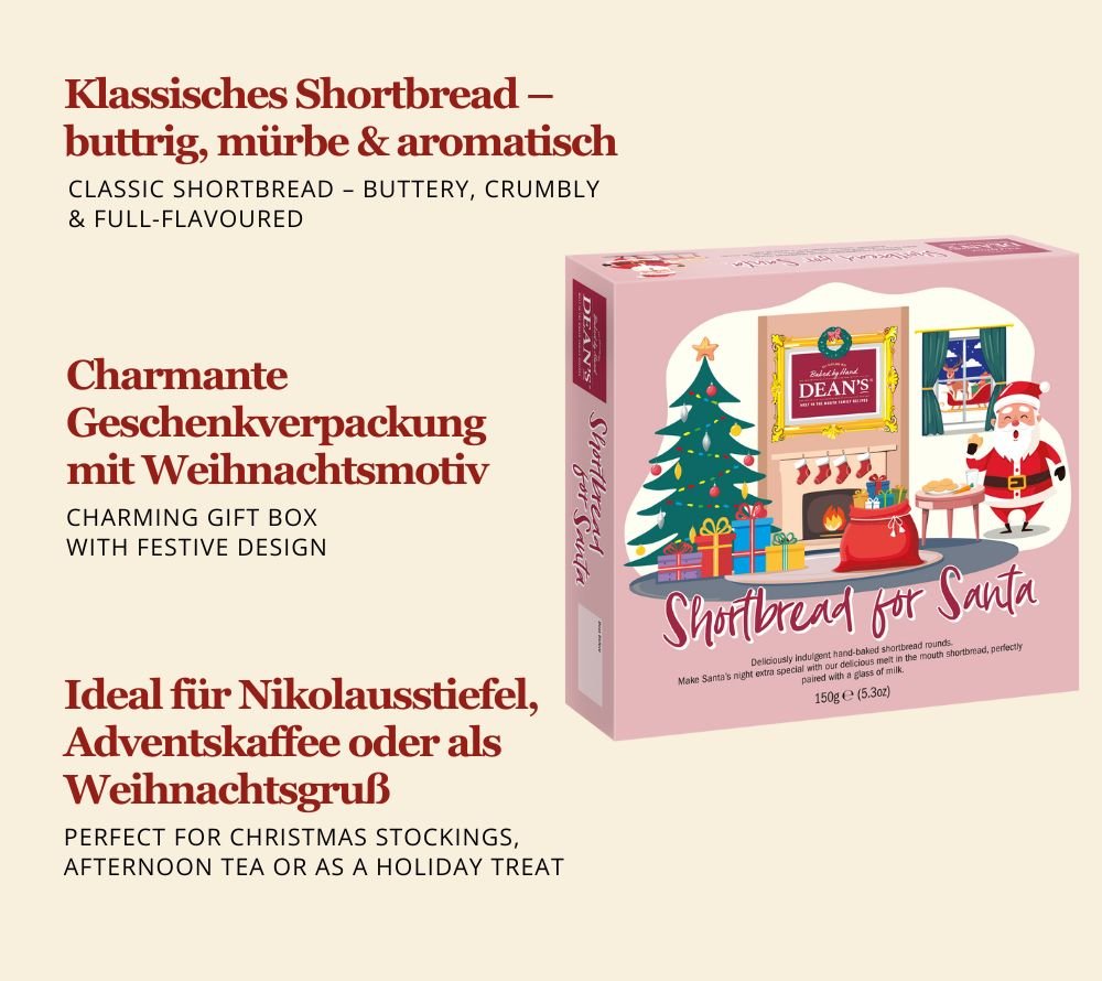 Dean’s Shortbread for Santa online bestellen bei Ryan’s Specialties: traditionelles schottisches Buttergebäck in festlicher Geschenkverpackung – ideal zu Weihnachten.