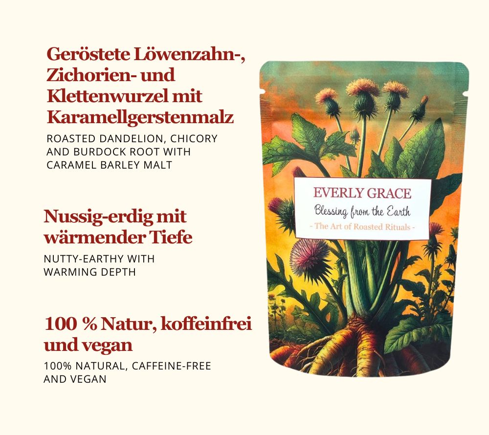 Geröstete Löwenzahn-, Zichorien-, und Klettenwurzel mit Karamellgerstenmalz | Kaffee-Alternative | 100 % Natur, koffeinfrei & vegan | Jetzt bestellen & genießen!